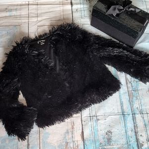 Girls 6-6x Black shaggy cardigan jacket